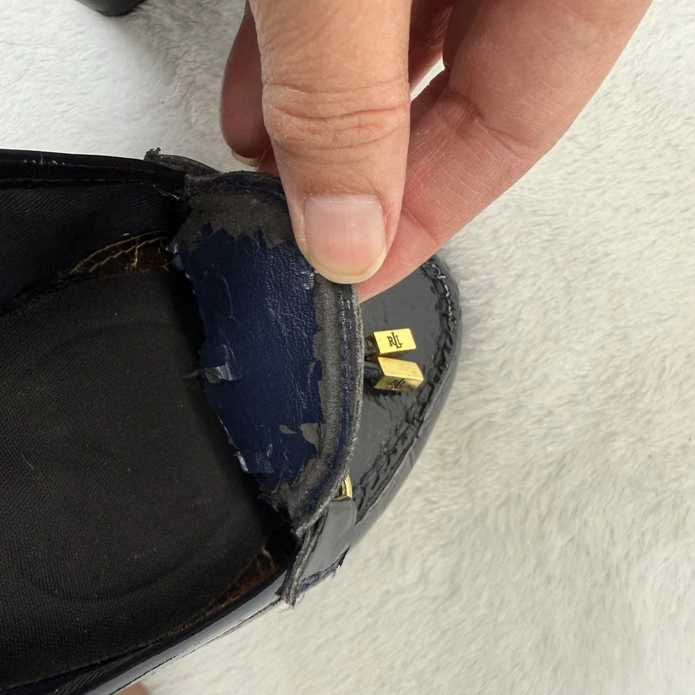 Lauren Ralph Lauren‎ Black Patent Leather Wedge Loafers with Gold Accents 8 READ